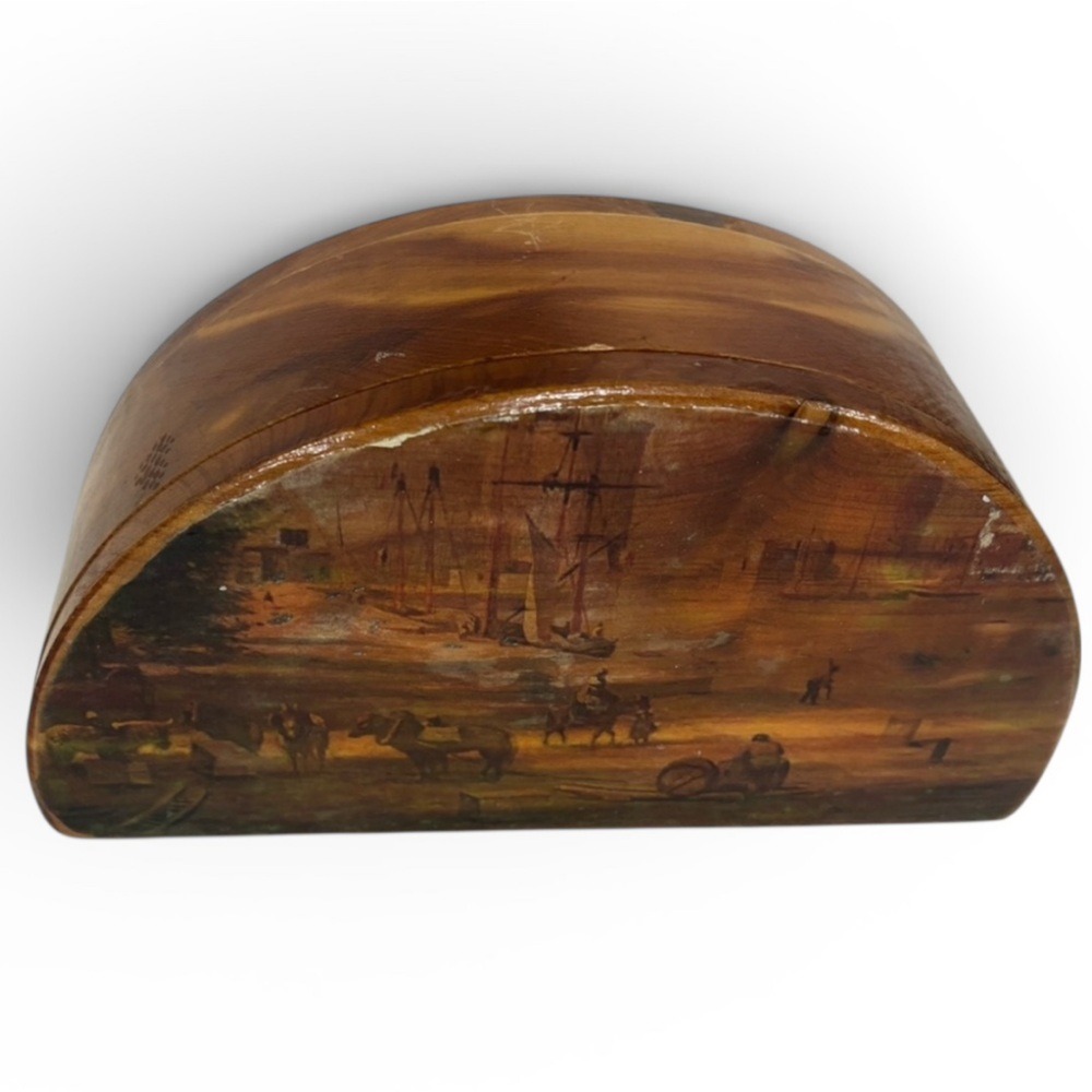Italian Cedar Trinket Box with Old World Decopauge Scene Boats Port Cows Horses